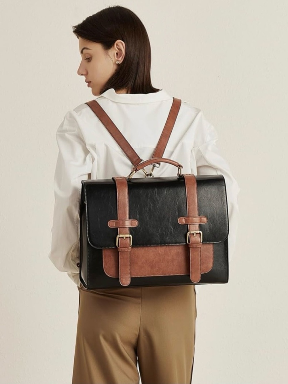 Black and Brown Leather Brief Backpack - Picture 3 of 6